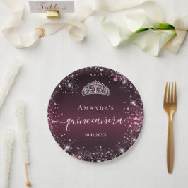 Prato De Papel Quinceanera burgundy rosa tiara name script