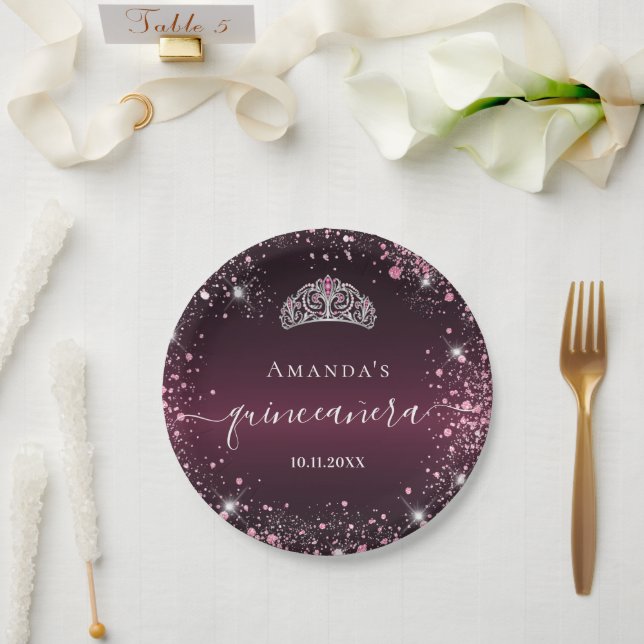 Prato De Papel Quinceanera burgundy rosa tiara name script (Casamento)