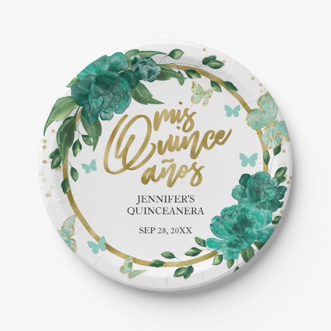 Prato De Papel Quinceanera Butterflys Emerald Green Gown (Frente)