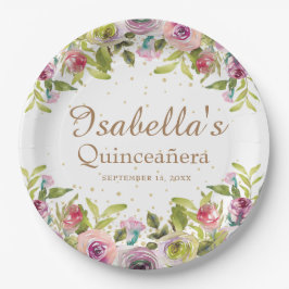Prato De Papel Quínceañera Dourada Floral Cor-de-rosa-púrpura