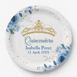 Prato De Papel Quinceanera Dourada Tiara Glitter e Blue Floral