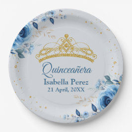Prato De Papel Quinceanera Dourada Tiara Glitter e Blue Floral