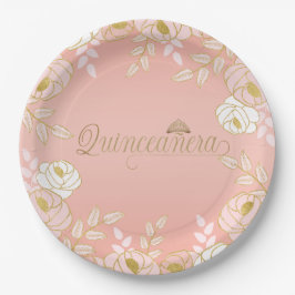 Prato De Papel Quinceanera e Tiara Botânica em Rosa e Dourado