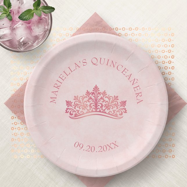 Prato De Papel Quinceanera Elegante - Coroa Rosa Tiara Rosa (Criador carregado)