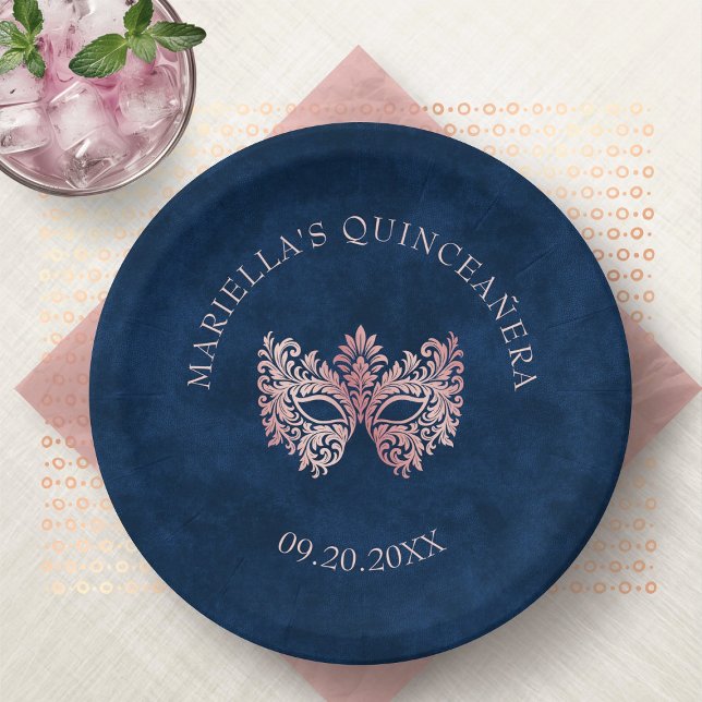 Prato De Papel Quinceanera Elegante de Mascarada rosa (Criador carregado)