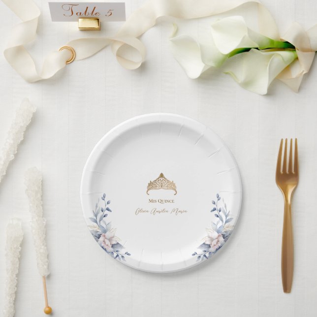 Prato De Papel Quinceañera Floral Azul Tiara Dourada Elegante (Casamento)