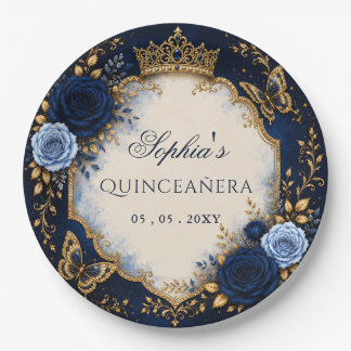 Prato De Papel Quinceañera Floral Borboleta Dourada Marinho