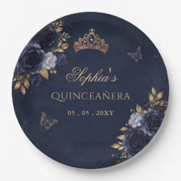 Prato De Papel Quinceañera Floral Borboleta Dourada Marinho