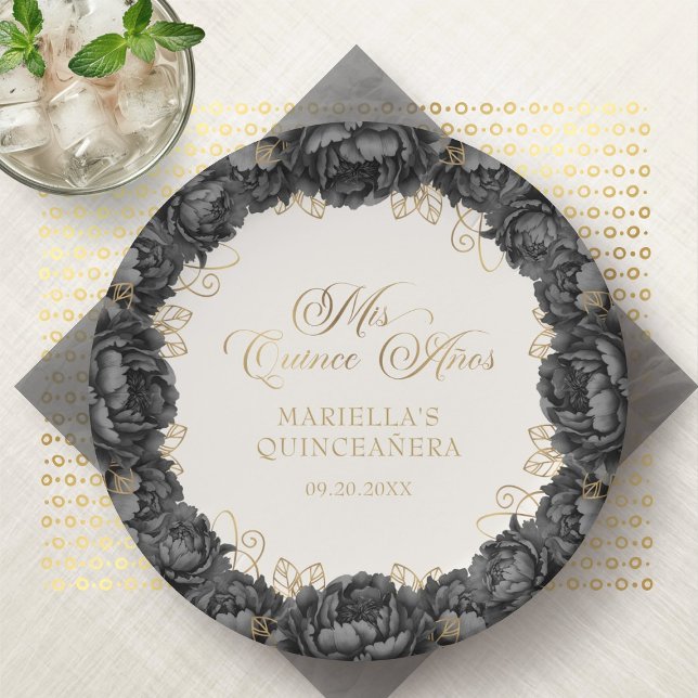 Prato De Papel Quinceanera Floral Negra (Criador carregado)