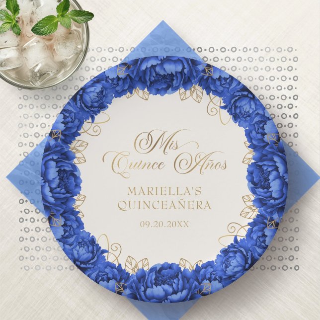 Prato De Papel Quinceanera Floral Real Azul (Criador carregado)
