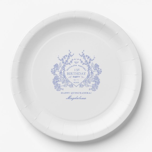 Prato De Papel Quinceanera French Blue Floral Crest Personalizada (Frente)