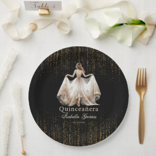 Prato De Papel Quinceañera Luxury Black Ivory Dourada Personaliza