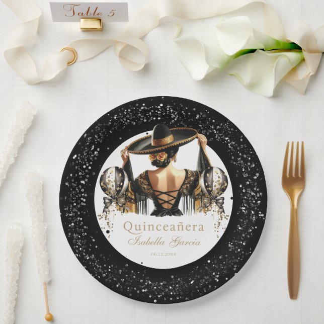 Prato De Papel Quinceañera Luxury Negro Dourado Personalizado (Casamento)