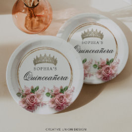 Prato De Papel Quinceañera Pink Rose Crown Decor de Aniversário