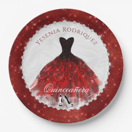 Prato De Papel Quinceañera Red Diamond Sparkle Glam