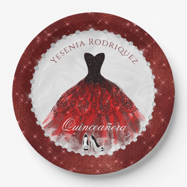 Prato De Papel Quinceañera Red Diamond Sparkle Glam (Frente)