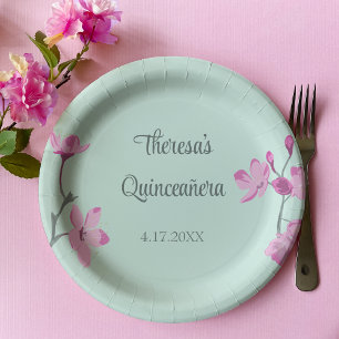 Prato De Papel Quinceanera Rosa e Mint Green Cherry Blossom