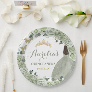 Prato De Papel Quinceañera Sage Green Floral Princess Butflies