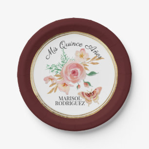 Prato De Papel Quinceanera Watercolor Burgundy Floral w Borboleta