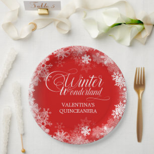 Prato De Papel Quinceanera Winter Wonderland Snowflake Red