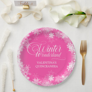 Prato De Papel Quinceanera Winter Wonderland Snowflake - Rosa