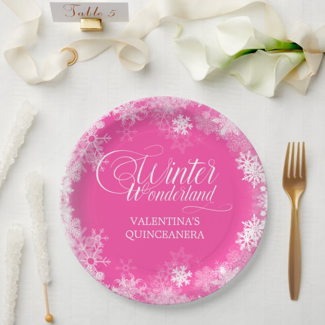 Prato De Papel Quinceanera Winter Wonderland Snowflake - Rosa (Casamento)