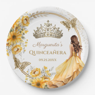 Prato De Papel Quinceañera Yellow Floral Dourada Tiara Butterfly