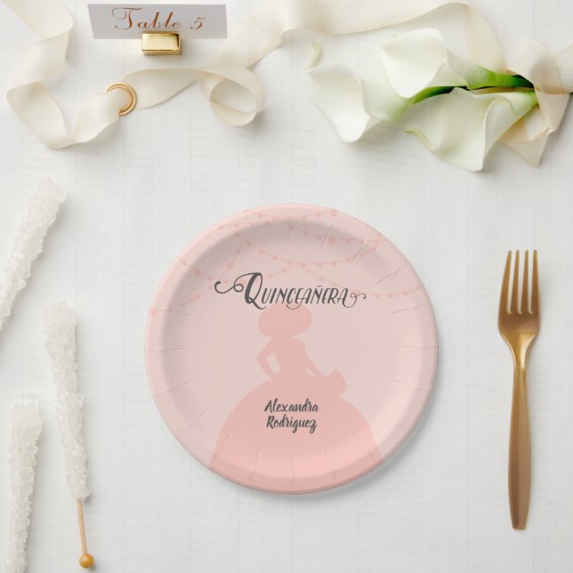 Prato De Papel Quinto-ceanera Charro-Rosa Esbranquiçado (Casamento)