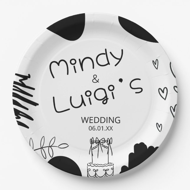 Prato De Papel Quirky Doodle Shapes Script Wedding (Frente)