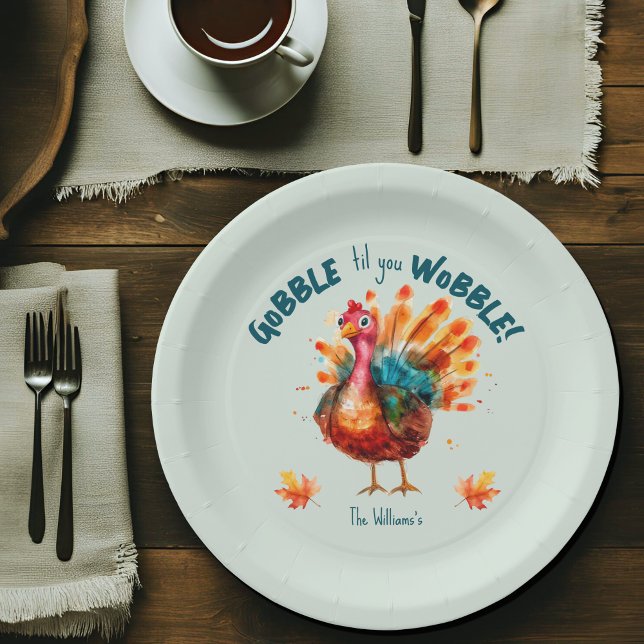 Prato De Papel Quirky Watercolor Turkey Ação de Graças (Gobble til you Wobble paper plate for thanksgiving or friendsgiving)