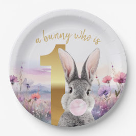 Prato De Papel Rabbit 1º aniversário soprando goma-rosa
