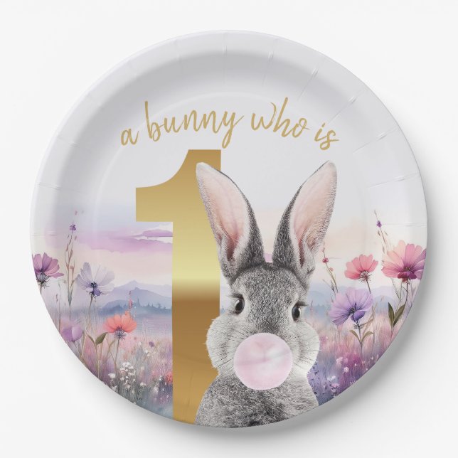 Prato De Papel Rabbit 1º aniversário soprando goma-rosa (Frente)