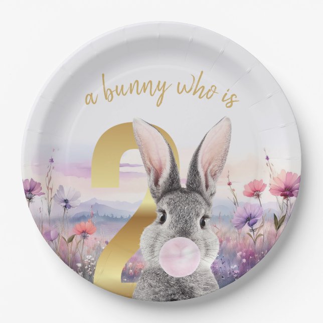 Prato De Papel Rabbit Segundo Aniversário soprando pastilha elást (Frente)