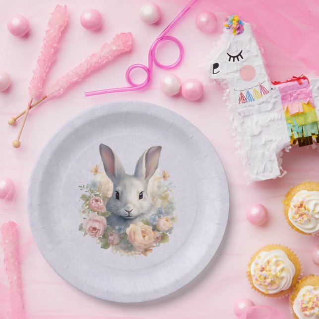 Prato De Papel Rabbit Surrounded by Pastel Flowers Cute (Festa)
