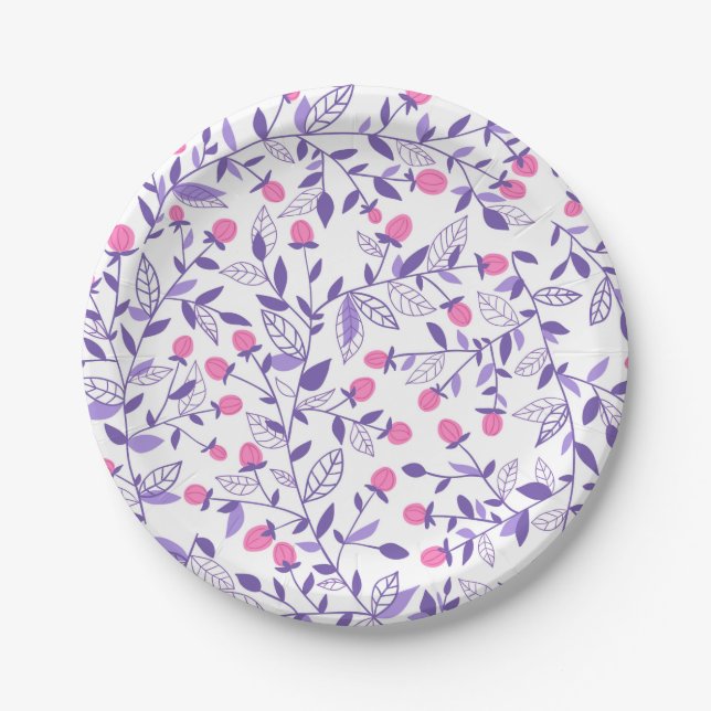 Prato De Papel Rabiscos flóricos cor-de-rosa e violeta (Frente)
