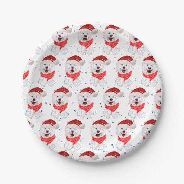 Prato De Papel Raça de Cão Samoyed Estrelas de Natal (Frente)