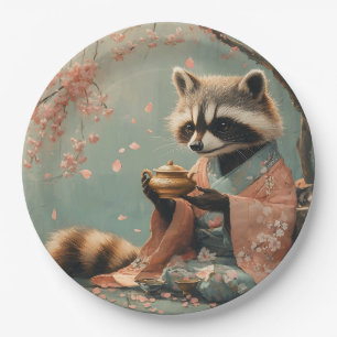 Prato De Papel Raccoon Buddha: Chá Pacífico Sob Árvore Cerejeira