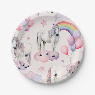 Prato De Papel Rainbow Balloons Unicorn Festa de aniversário Rosa