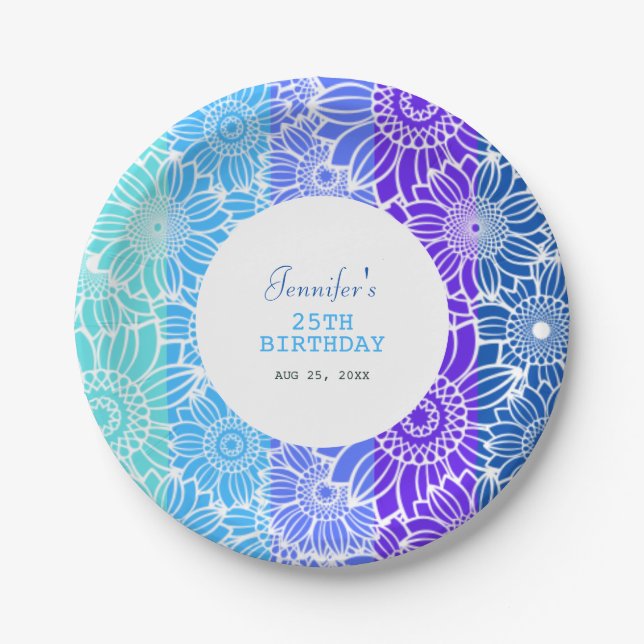 Prato De Papel Rainbow Blue Stripes Floral Aniversário (Frente)