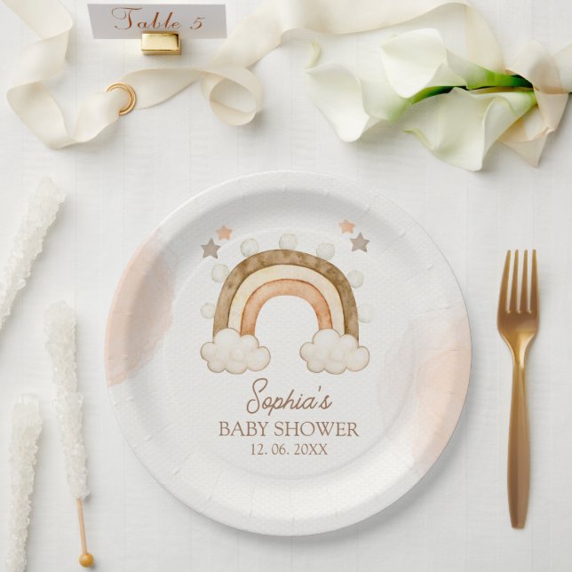 Prato De Papel Rainbow Boho Baby Shower Gender Neutral (Casamento)