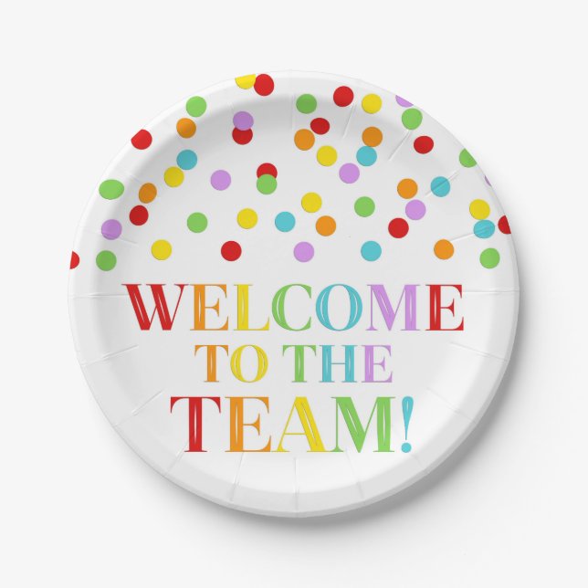 Prato De Papel Rainbow Confetti Bem-vindo à Equipe (Frente)