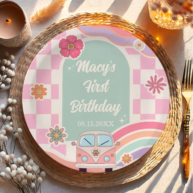 Prato De Papel Rainbow Daisy Floral Car Birthday Paper Plate (Criador carregado)