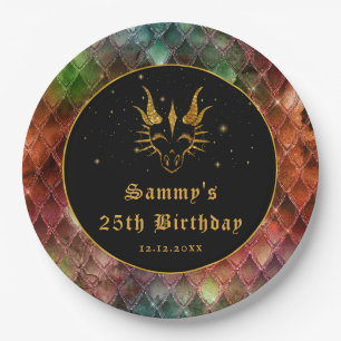 Prato De Papel Rainbow Dragon Escala Dourada Faux Glitter Anivers
