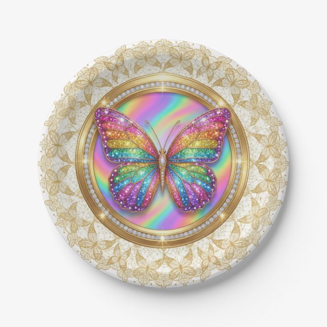 Prato De Papel Rainbow Glitter Butterfly Elegant Lace Party (Frente)