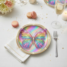 Rainbow Glitter Butterfly Party Paper Plates