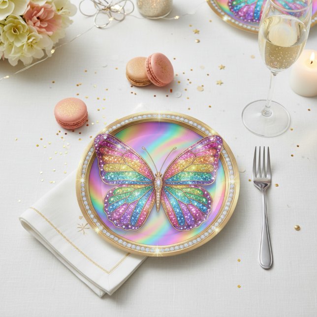 Prato De Papel Rainbow Glitter Butterfly Party Paper Plates (Criador carregado)
