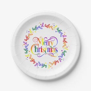 Prato De Papel Rainbow Merry Christmas Wreath Paper Plates