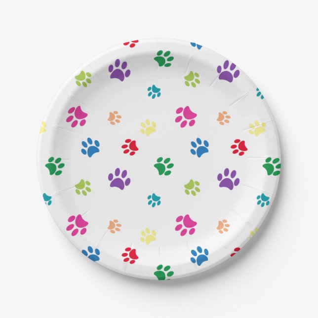 Prato De Papel Rainbow Painted Paw Prints Party (Frente)