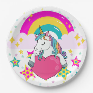 Prato De Papel Rainbow Unicorn com estrelas