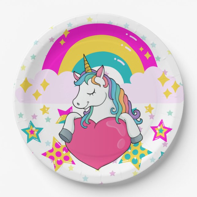 Prato De Papel Rainbow Unicorn com estrelas (Frente)